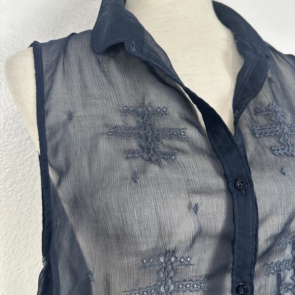 Hollister Y2K Top Womens Small Navy Blue Sheer Sleeveless Embroidered Boho 2010s - Picture 4 of 12
